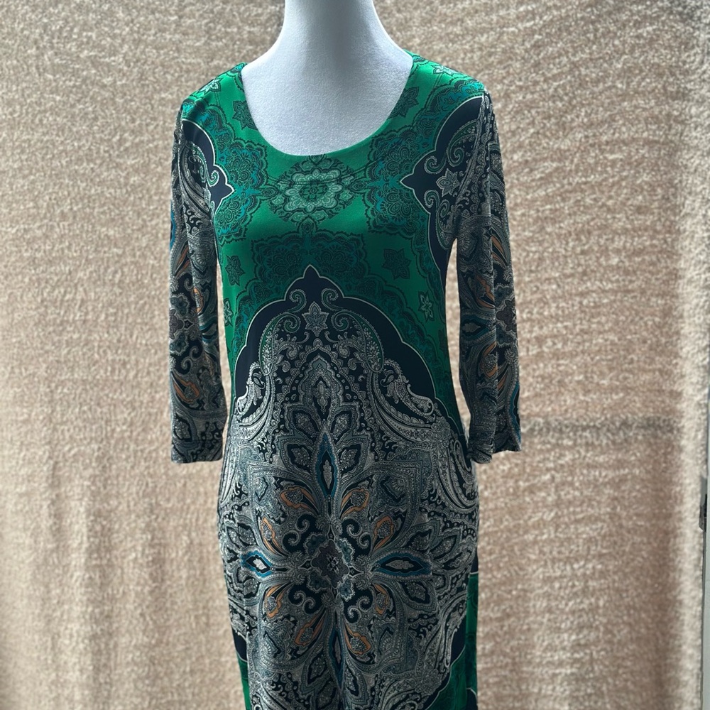 Vibrant Baroque Print Dress XS – Green Blue Orange White